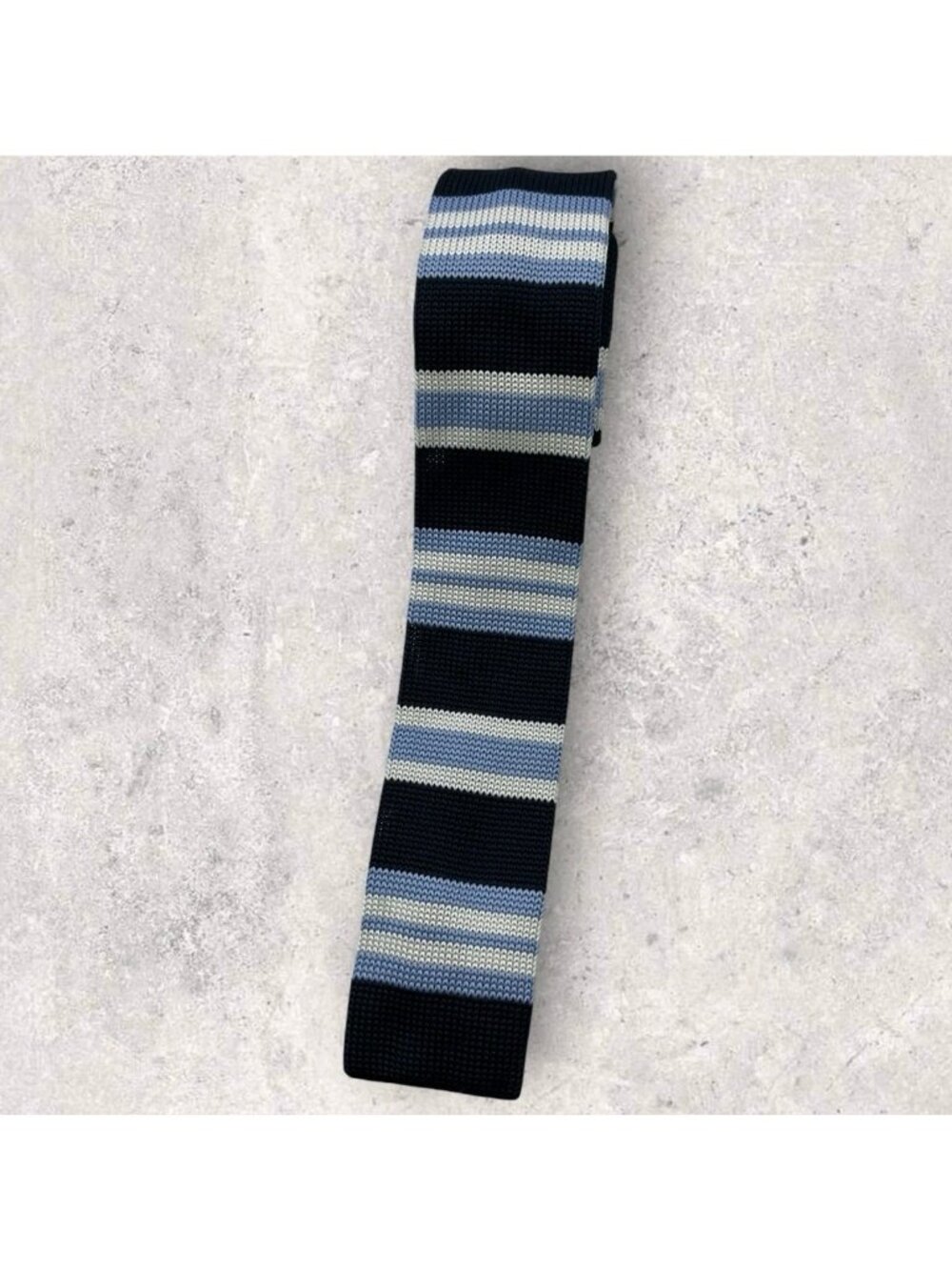 SONDERGAARD Polyester Knit Tie Navy Blue White Striped W:1.7" EUC